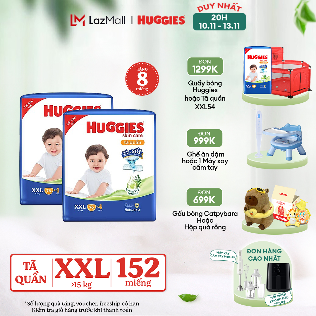 [CHỈ 20H 10.11-13.11 GIẢM ĐẾN 80K] Combo 2 Gói Tã/bỉm quần HUGGIES SKINCARE MEGA JUMBO size XXL76+4 miếng