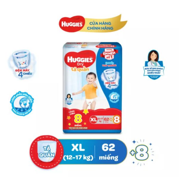 [GIẢM 40K ĐƠN 699K] [BAO BÌ MỚI] Tã quần HUGGIES DRY PANTS SUPER JUMBO XL62 (11 - 16kg) - Gói 62 miếng + Tặng 8 miếng