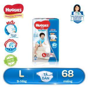 Tã/bỉm dán Huggies Dry Super Jumbo L68 (Đệm mây co giãn) - Gói 68 miếng (Cho bé 9kg - 14kg)